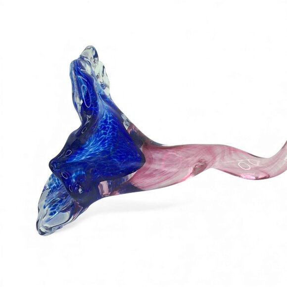Studio Art Handblown Glass Flower Sculpture With Pink Curl Stem & Blue Bloom 14" - Picture 5 of 8